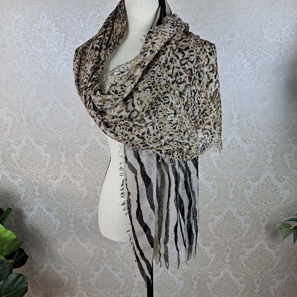 Charming Charlie Mixed Animal Print Khaki Black and Gold Metallic w/Small Fringe